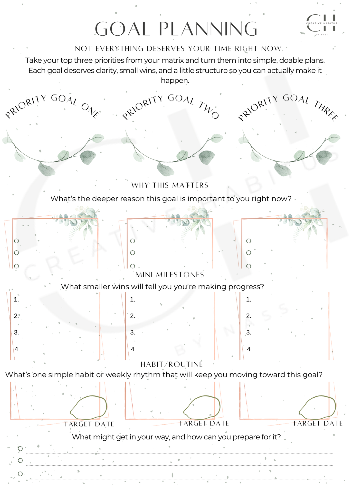 Goal planning sheet with greenery design on a white background