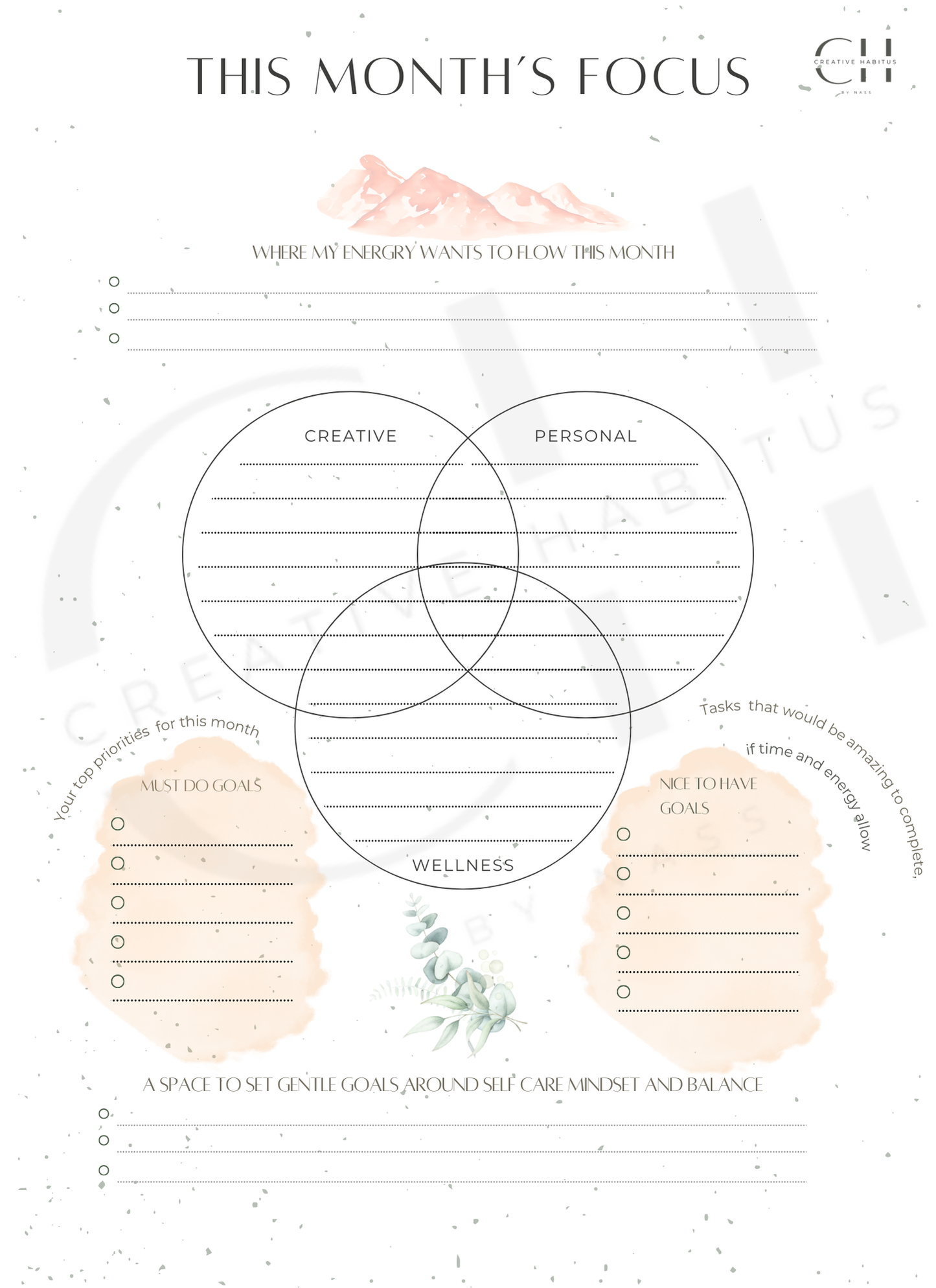 Creative Habitus • Monthly Strategy Kit — Brainstorm tools → Goal Breakdown → Vision → Priorities + Progress Tracker (Printable)