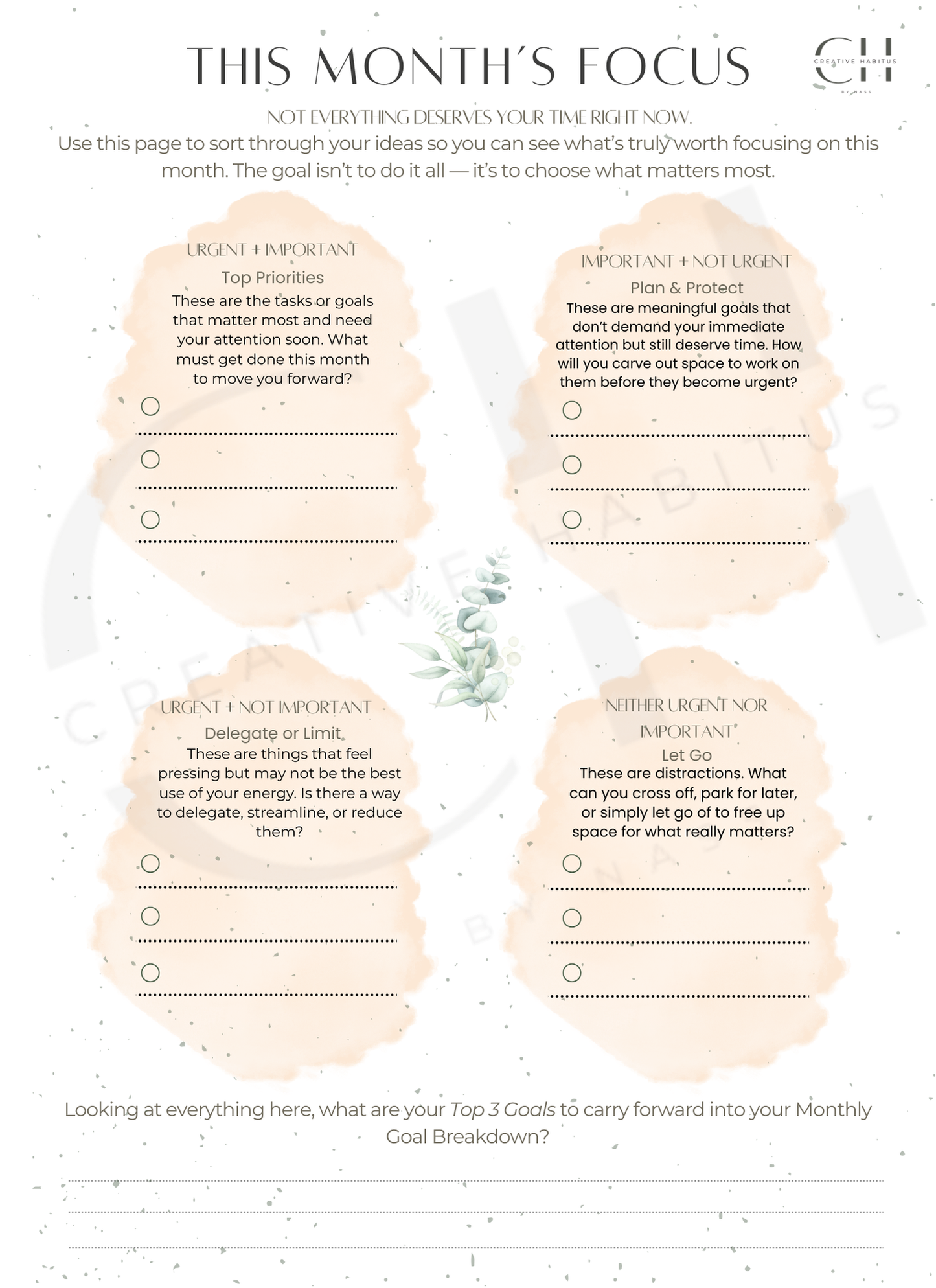 Creative Habitus • Monthly Strategy Kit — Brainstorm tools → Goal Breakdown → Vision → Priorities + Progress Tracker (Printable)