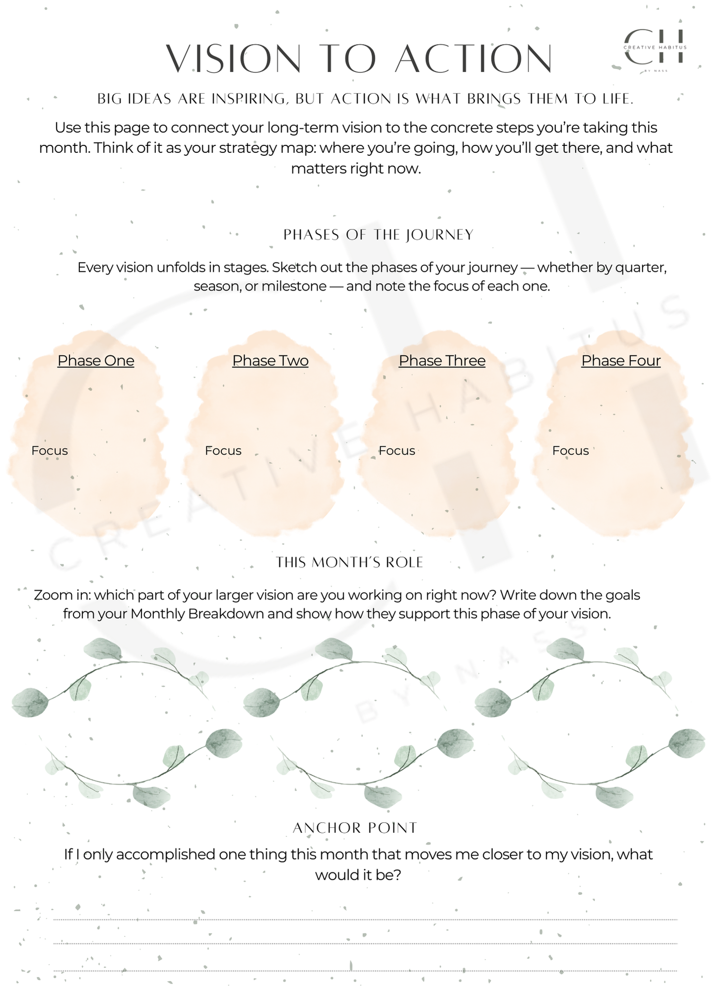 Creative Habitus • Monthly Strategy Kit — Brainstorm tools → Goal Breakdown → Vision → Priorities + Progress Tracker (Printable)