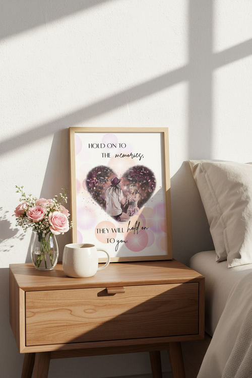 Heart-shaped design with a couple and text 'Hold on to the memories, they will hold on to you' on a colorful background.