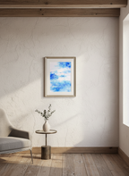 Abstract blue and white watercolor painting in a rustic chic interior.