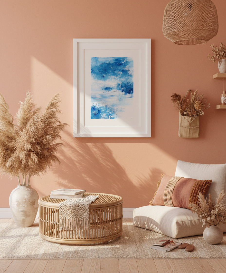 Abstract blue painting matted in a white frame against a light peach background.