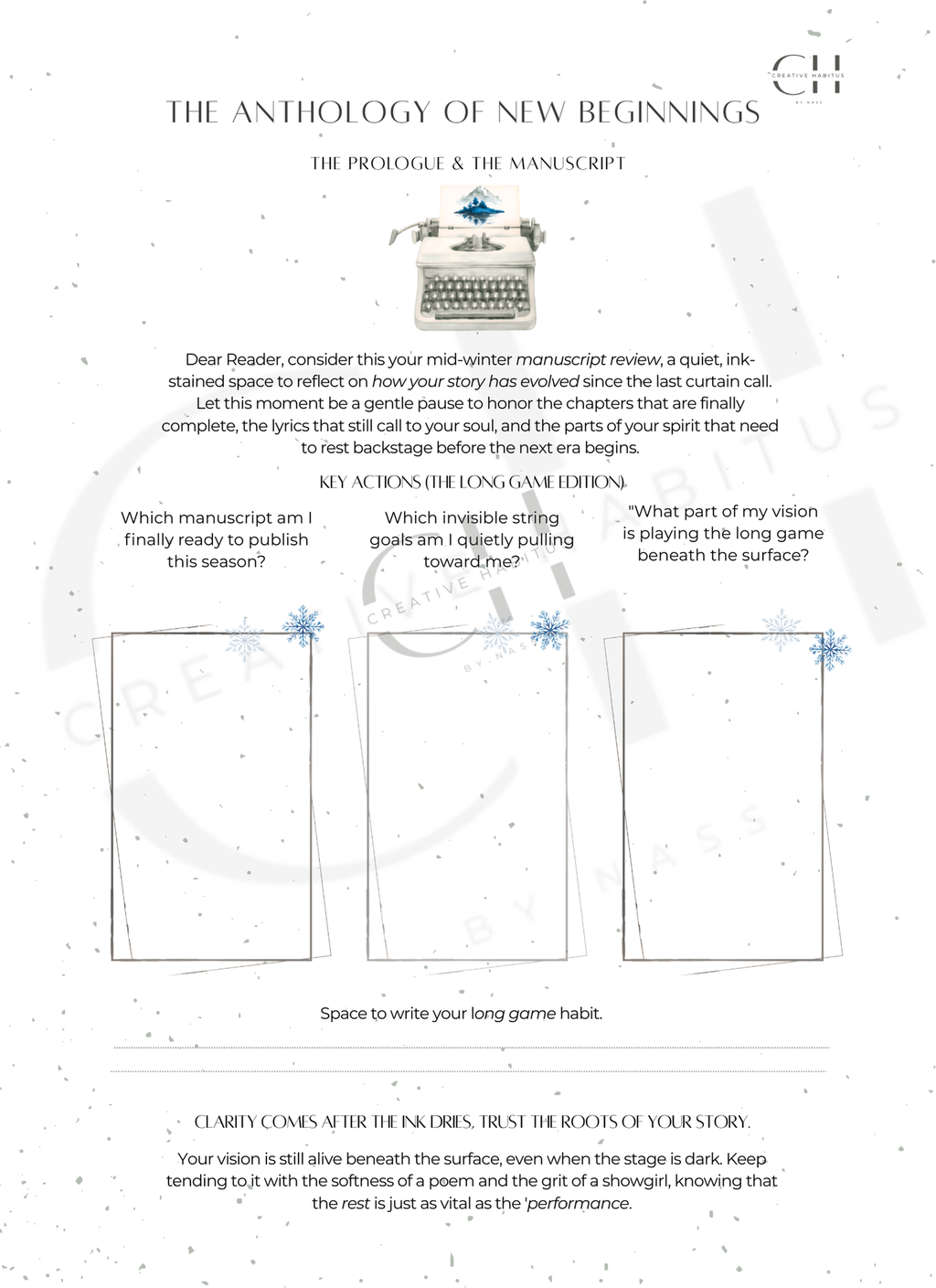 The introductory page titled "The Prologue & The Manuscript" with a typewriter illustration and prompts for a mid-winter manuscript review.