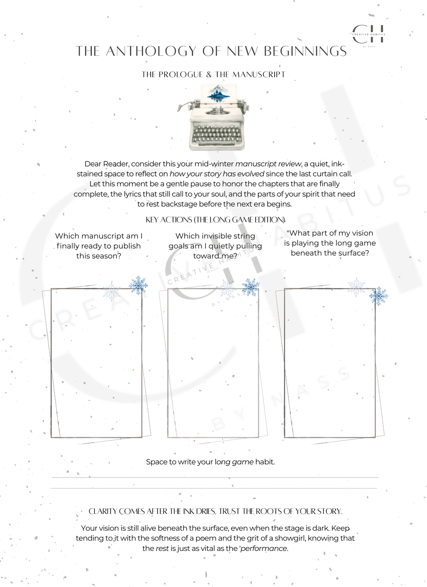 The introductory page titled "The Prologue & The Manuscript" with a typewriter illustration and prompts for a mid-winter manuscript review.