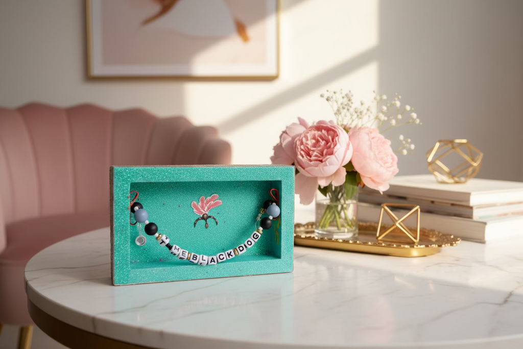 Decorative frame with a necklace and decorative elements on a marbled surface.