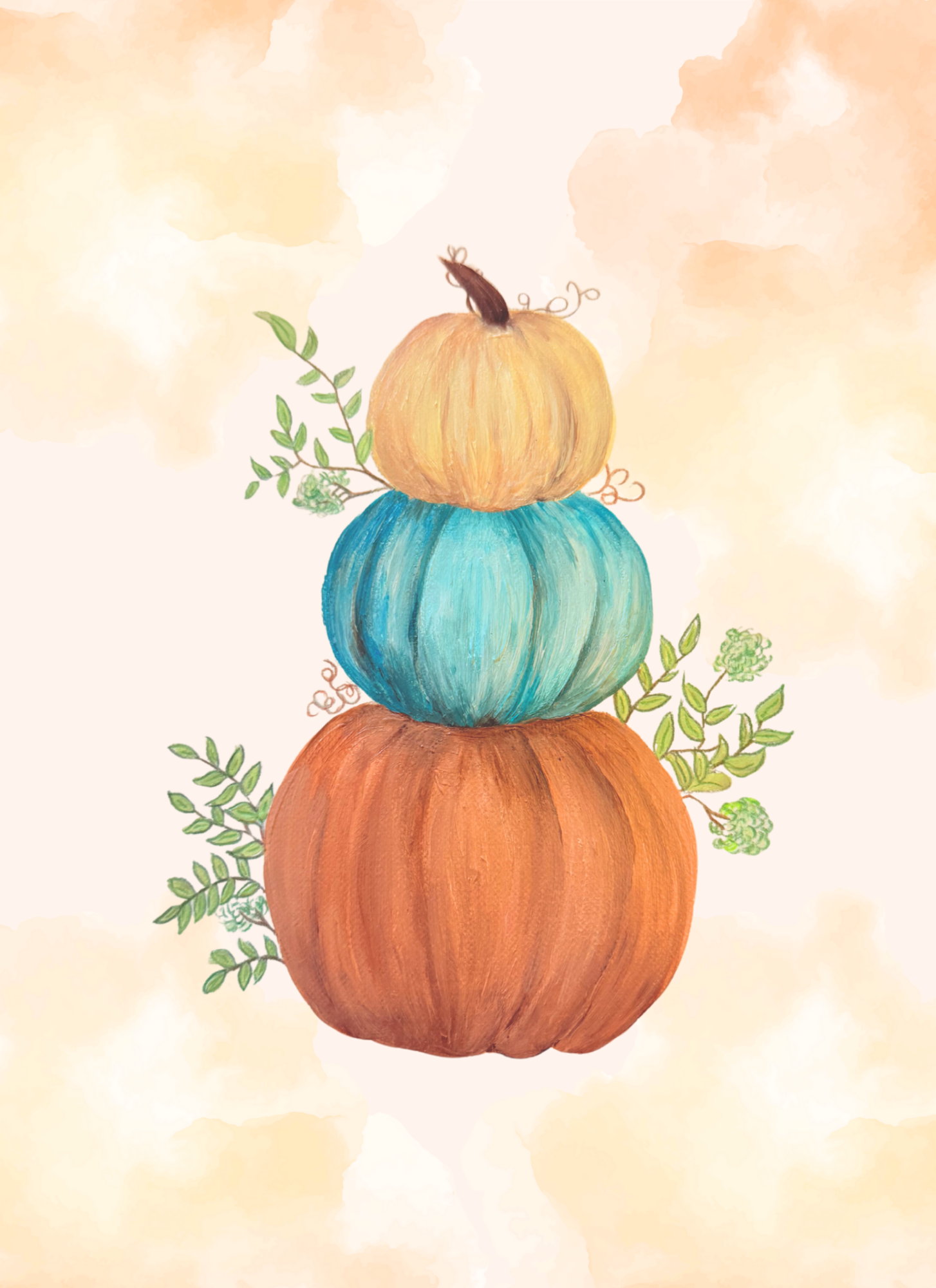 Stack of pumpkins with green leaves on a soft beige background