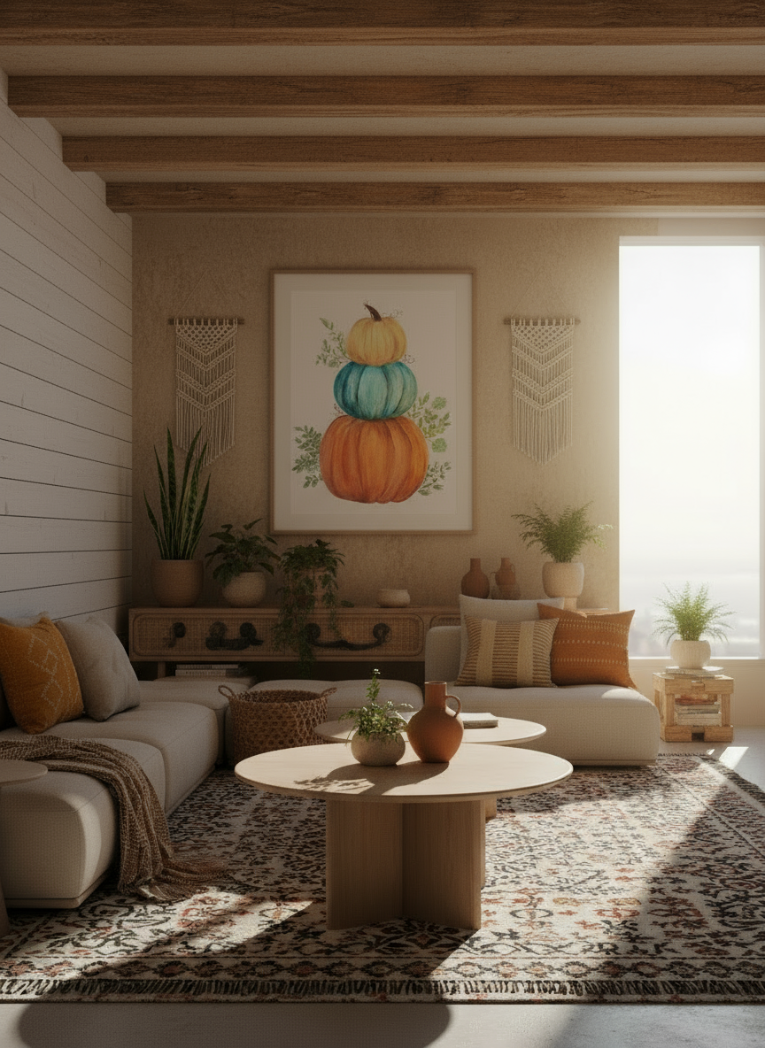 Stack of three pumpkins in a large frame on the back wall of a boho styled living room with plants, decorative rug flooded with natural light 