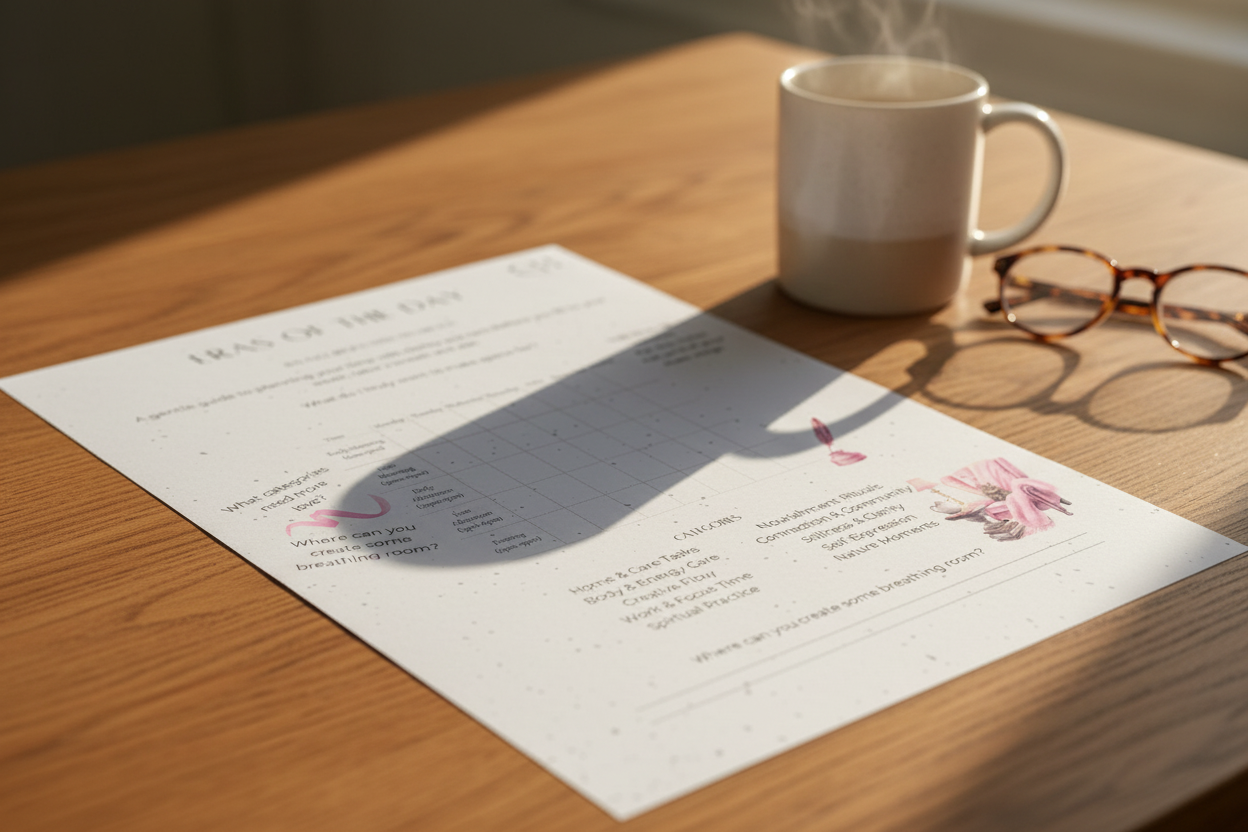 Gentle guide for planning time with clarity and care, featuring a white clock and pink elements.