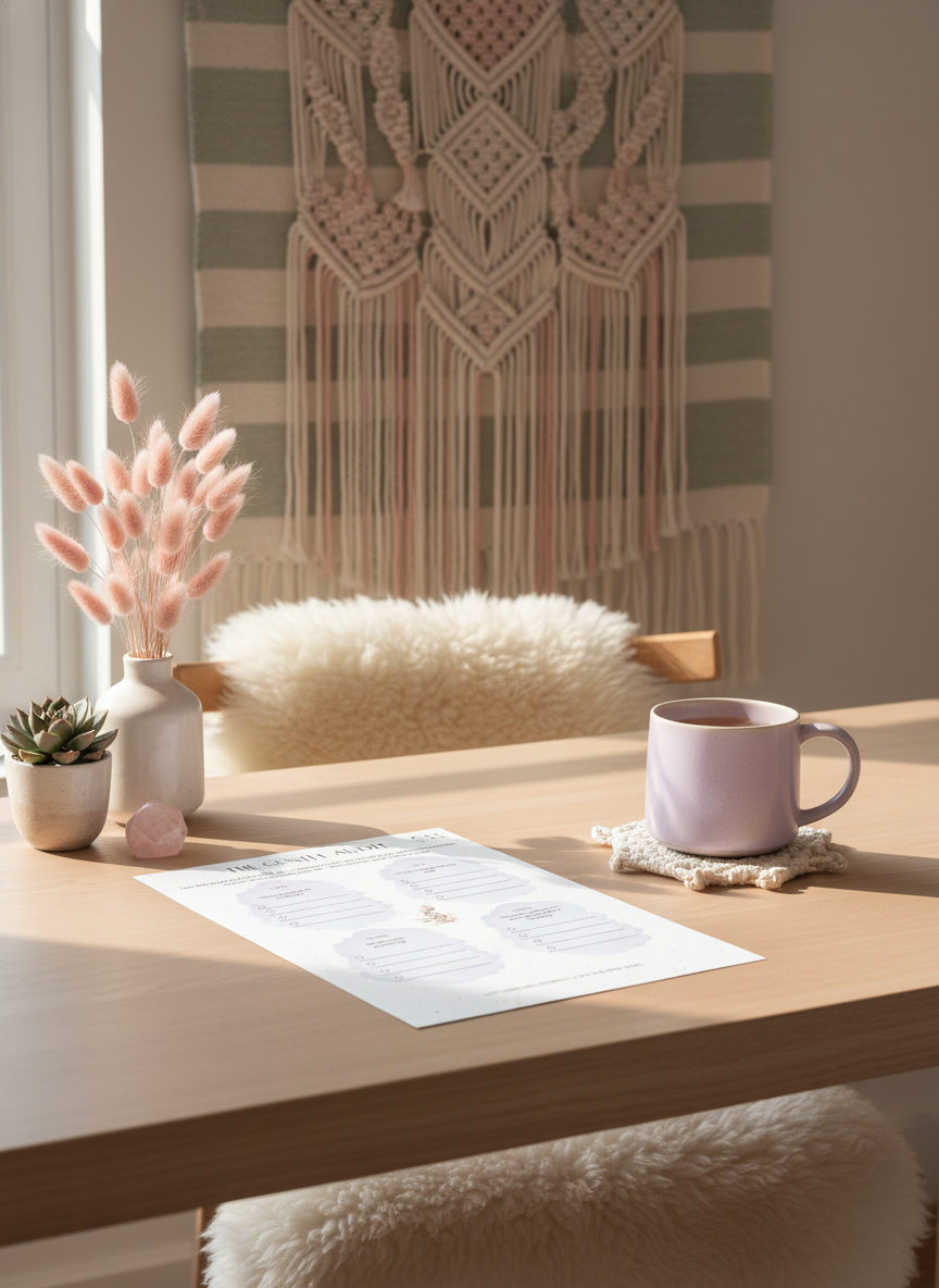 Desk setup with a mug, vase with flowers, and macrame wall hanging in a room.