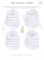Worksheet titled 'The Gentle Audit' with four sections for self-reflection on a light gray background.
