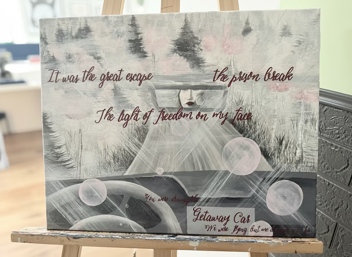 Canvas print with abstract design and text on an easel