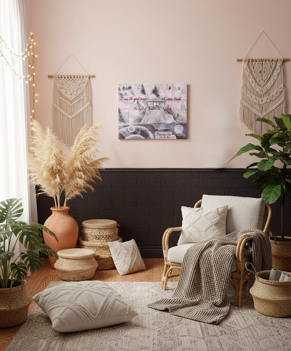 Cozy living room with a chair, cushions, and decorative elements.