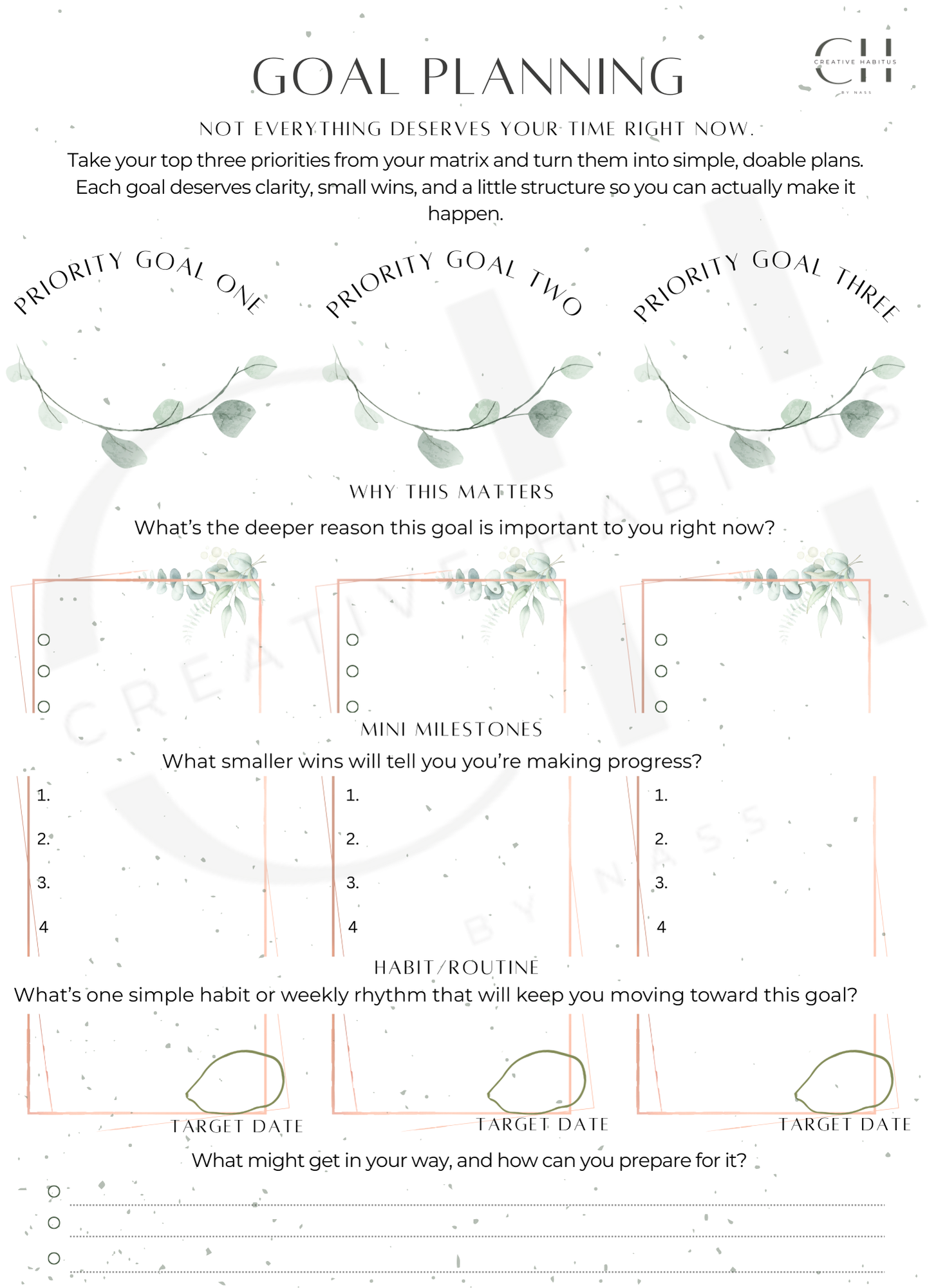 Goal planning sheet with greenery design on a white background