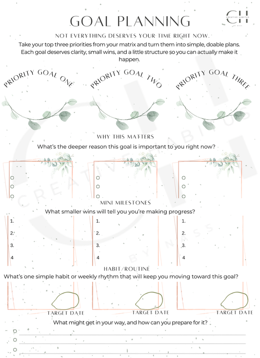 Goal planning sheet with greenery design on a white background