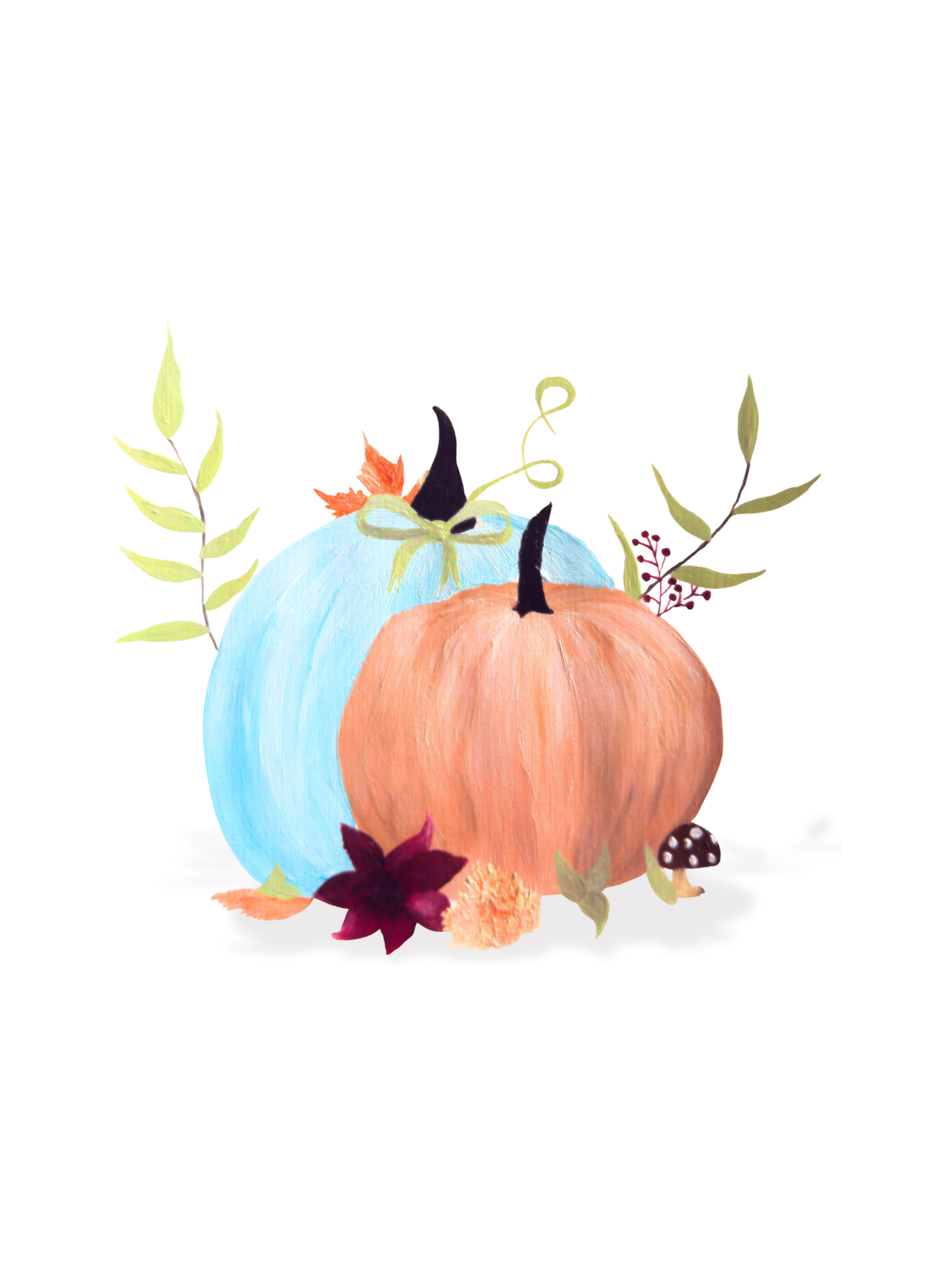 Watercolor illustration of two pumpkins in soft blue and beige tones surrounded by autumn leaves, berries, and mushrooms on a light background. Minimalist fall decor.