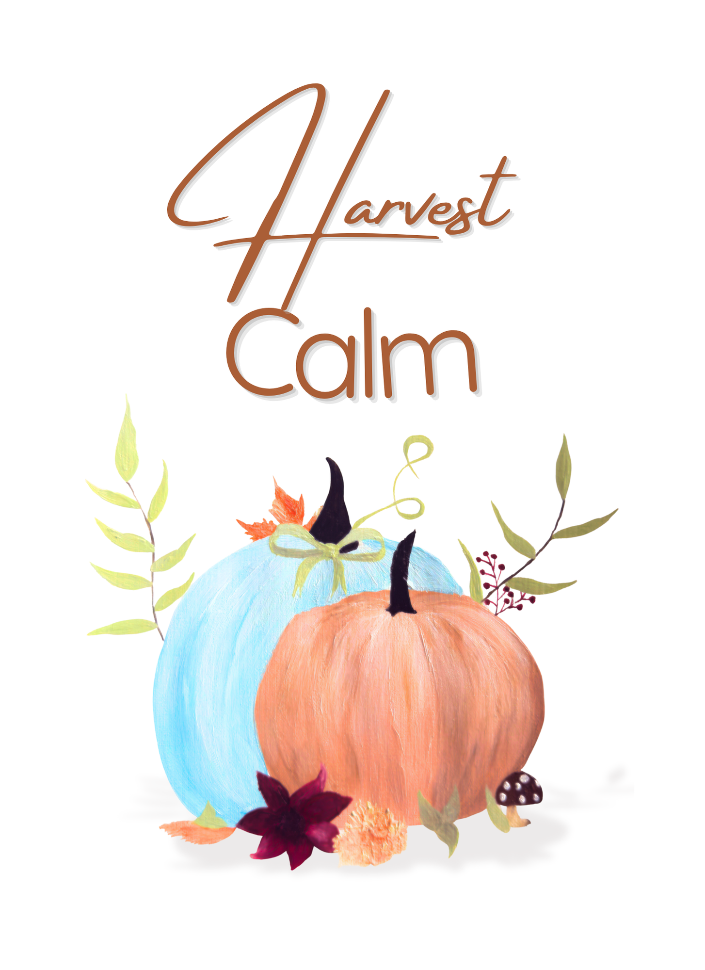 Fall-themed watercolor print featuring two pumpkins with botanical accents and the phrase ‘Harvest Calm’ in elegant script. Cozy seasonal wall art.