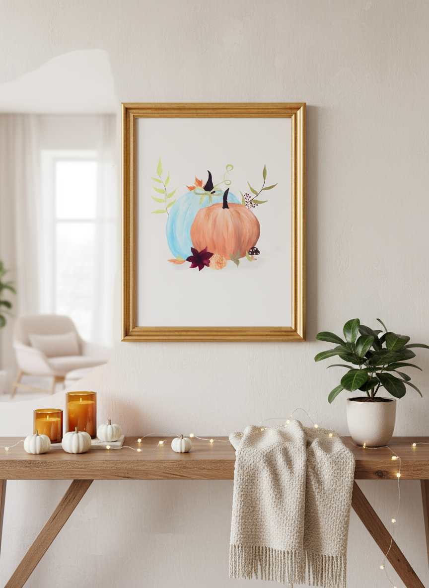 Framed two pumpkin fall themed print in gold frame in living room plain white wall. Wooden console table with white blanket draped with twinkle lights, botanical plant and decorative orange candles and white pumpkins. 