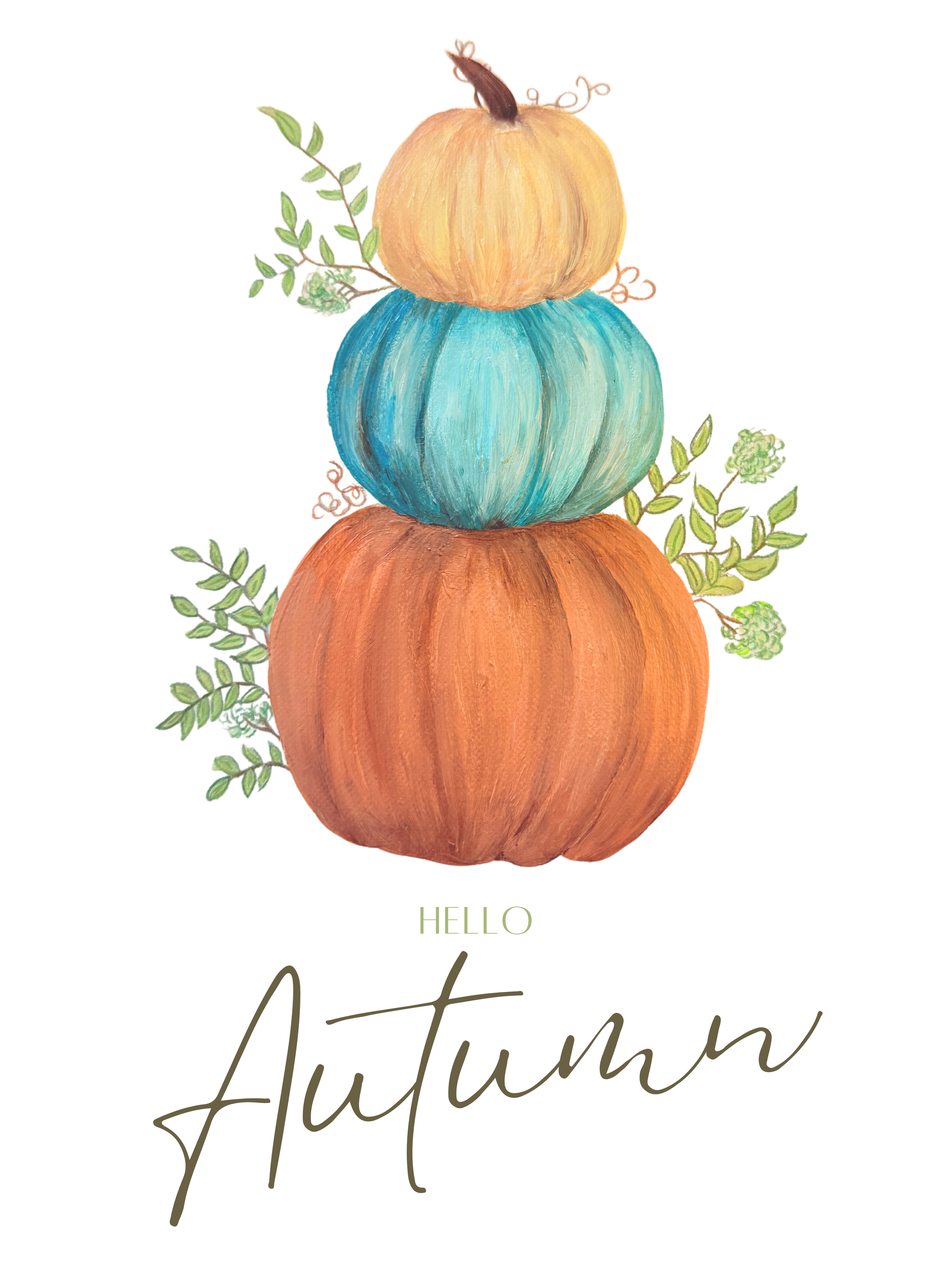 Three stacked pumpkins with 'Hello Autumn' text on a white background
