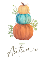 Three stacked pumpkins with leaves and 'Hello Autumn' text on a white background