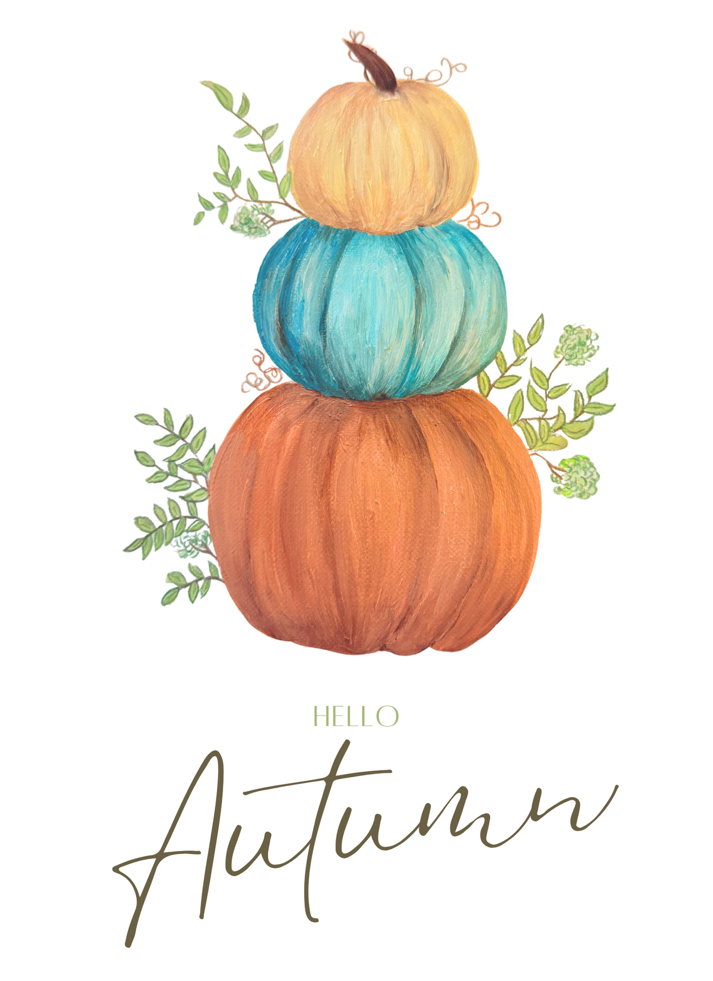 Three stacked pumpkins with leaves and 'Hello Autumn' text on a white background