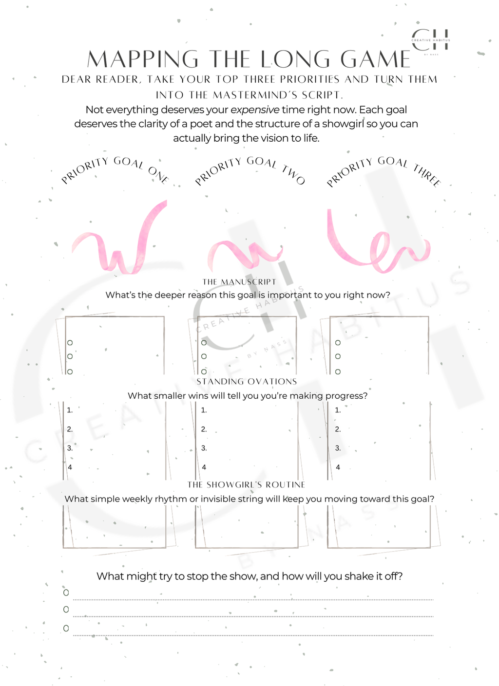 A goal-setting page to define "Standing Ovations" and "The Showgirl's Routine" for three top priority goals.