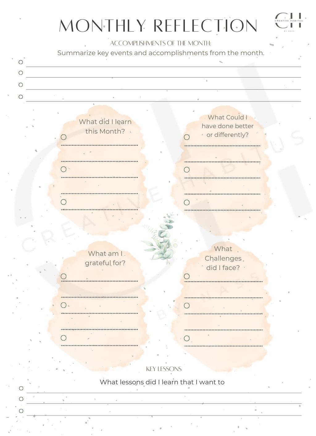 Monthly reflection worksheet with prompts for summarizing key events and accomplishments.