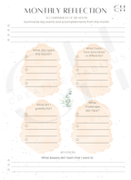 Monthly reflection worksheet with prompts for summarizing key events and accomplishments.
