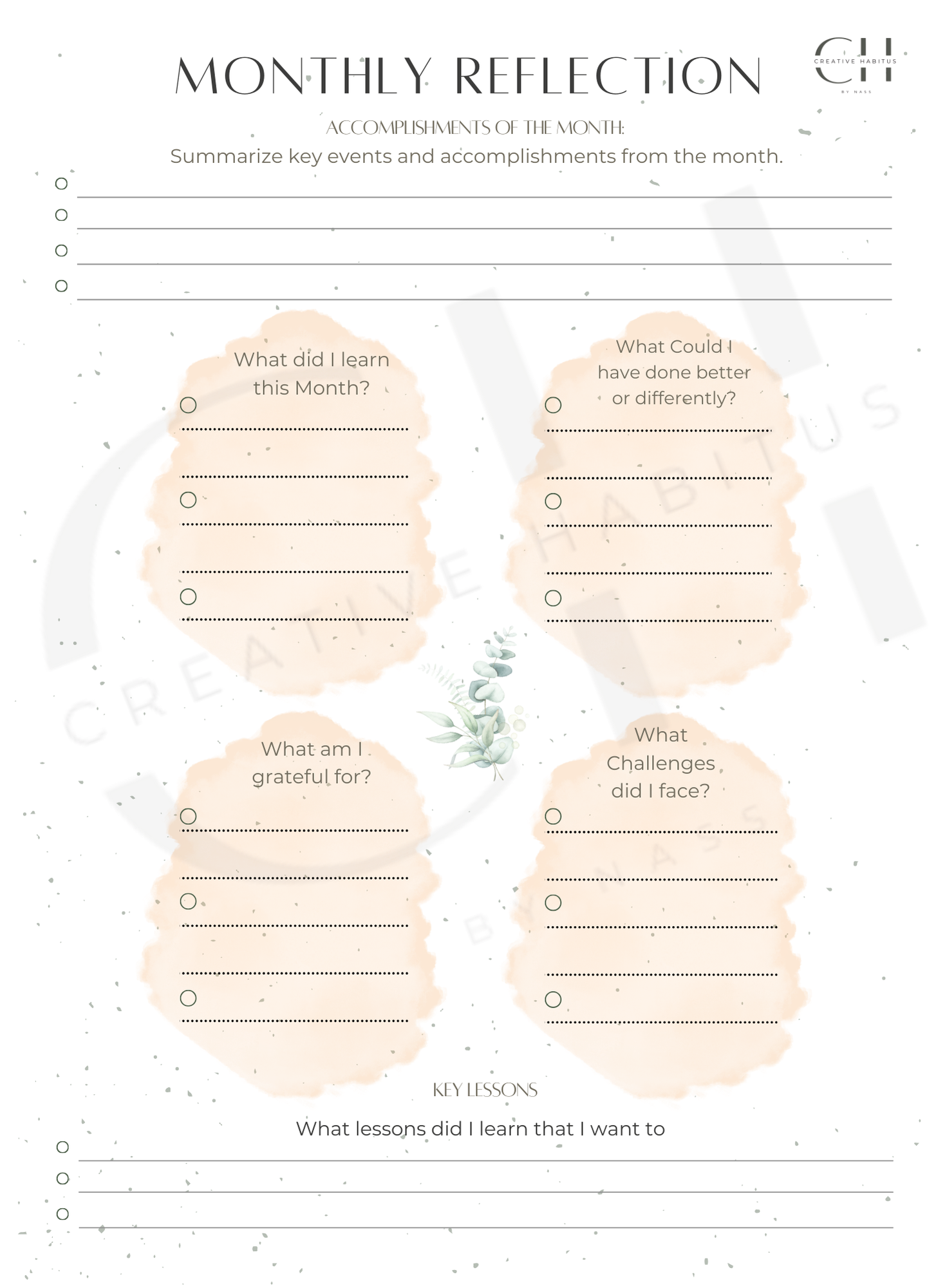Monthly reflection worksheet with prompts for summarizing key events and accomplishments.