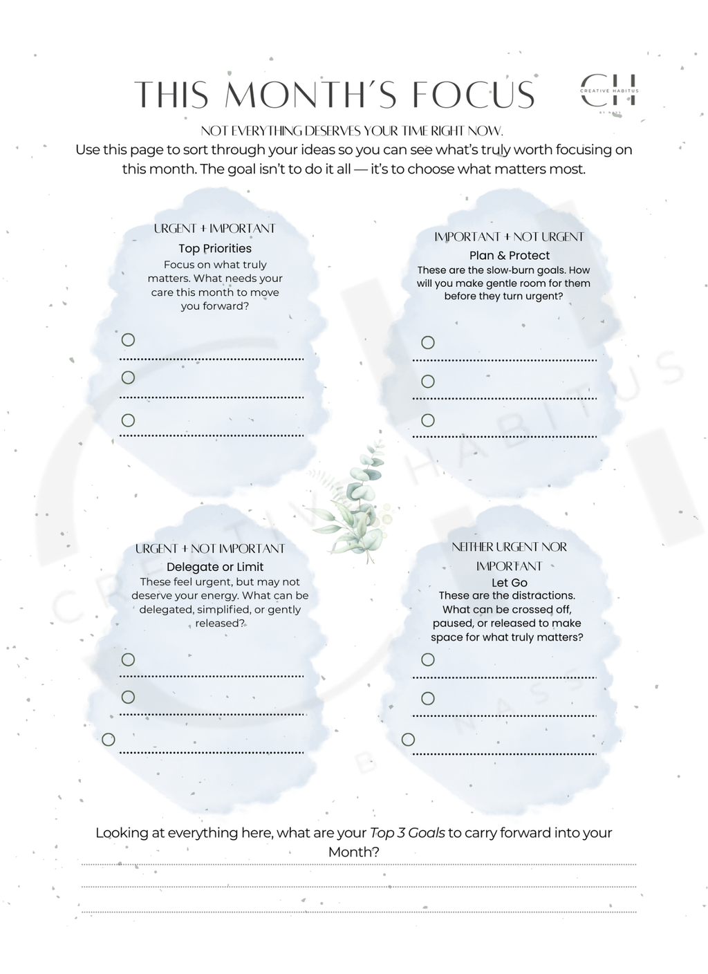 Monthly planning worksheet with sections for priorities, plans, and goals on a white background.