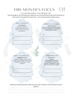 Monthly planning worksheet with sections for priorities, plans, and goals on a white background.