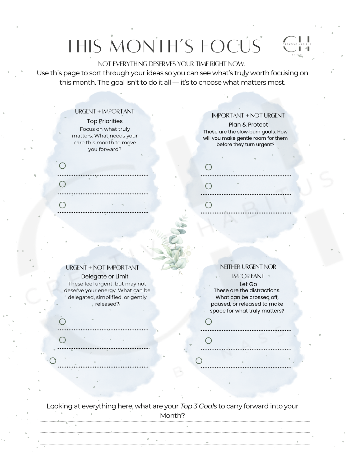 Monthly planning worksheet with sections for priorities, plans, and goals on a white background.