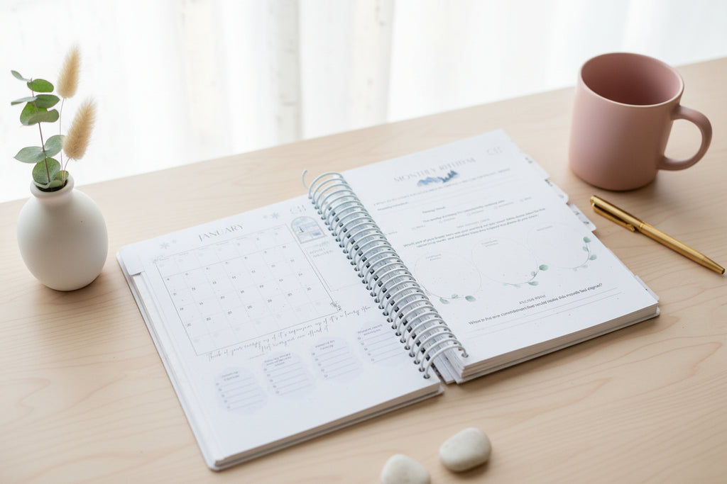 Open spiral-bound notebook with calendar and questionnaire on a oak desk with boho decor. 