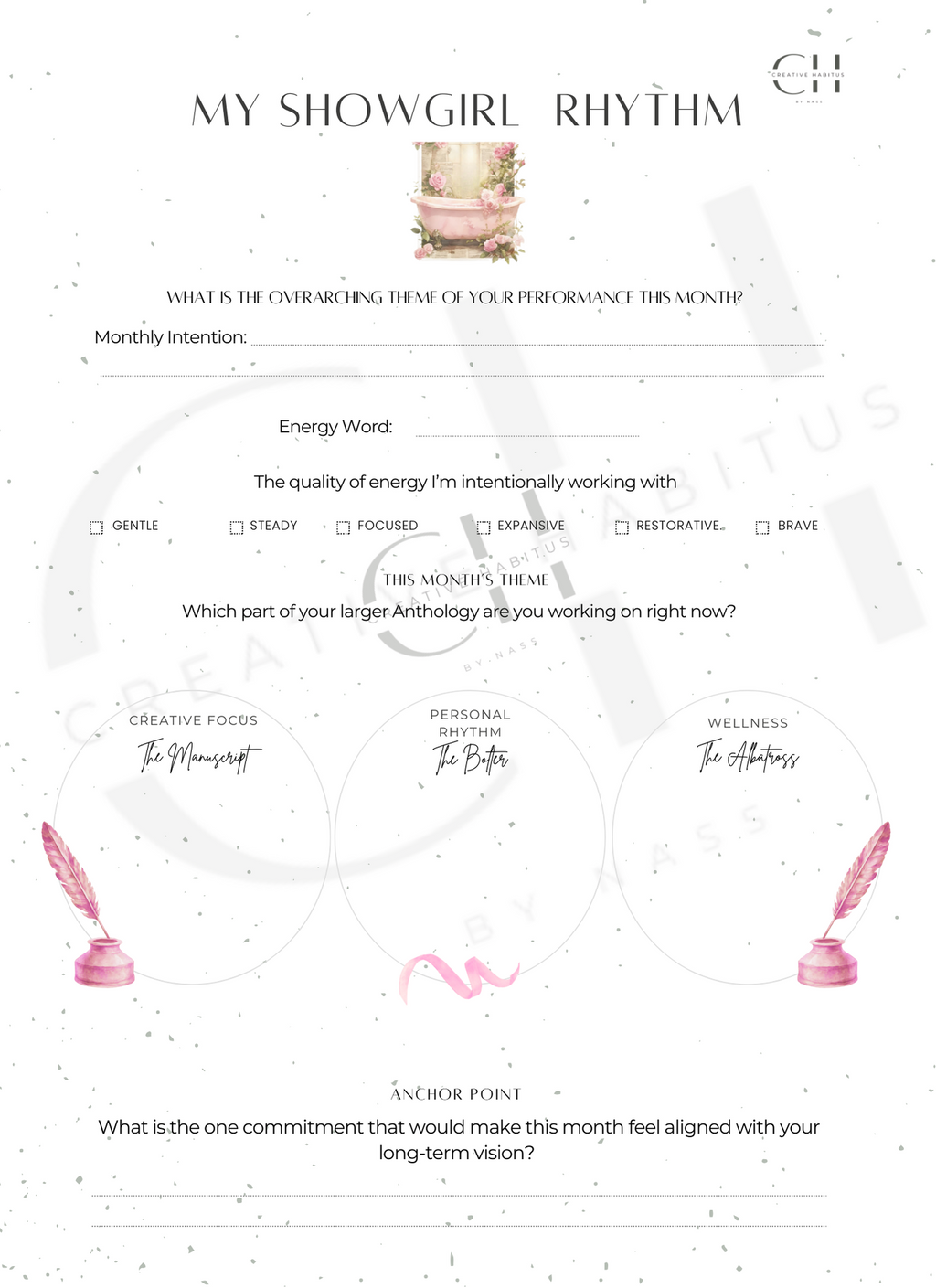 An energy tracking page to select monthly intentions such as Gentle, Steady, Focused, Expansive, Restorative, or Brave.