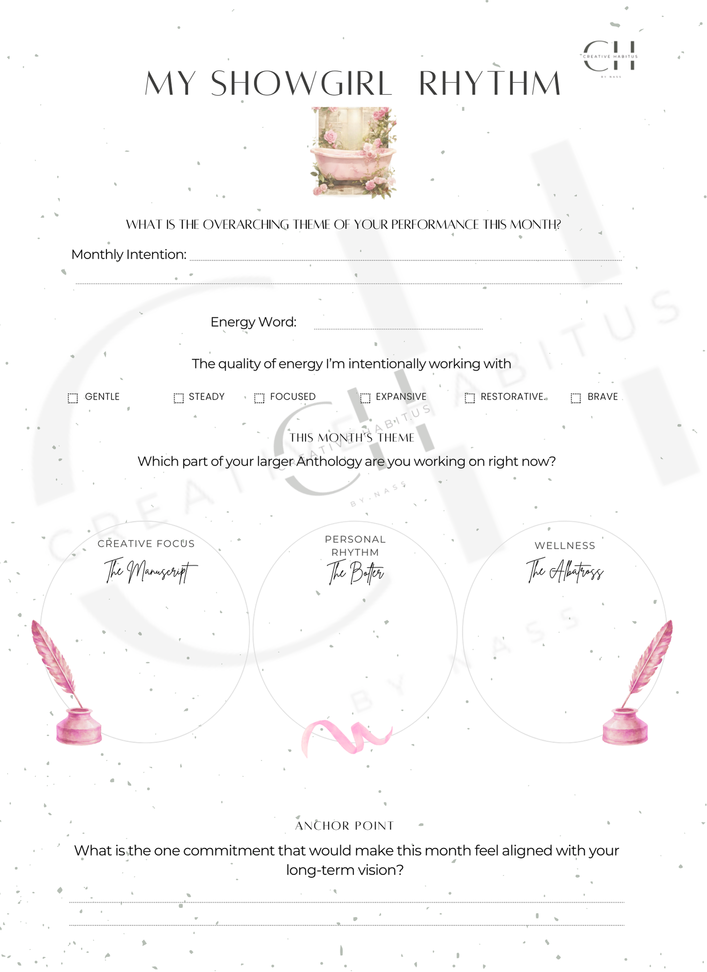 An energy tracking page to select monthly intentions such as Gentle, Steady, Focused, Expansive, Restorative, or Brave.