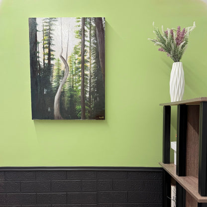 Forest painting on a green wall with a vase of flowers on a shelf.