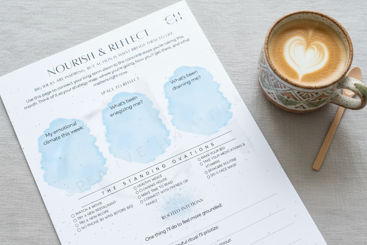 Overhead close-up macro shot of a printed workbook page resting on a light grey linen surface. A boho mug latte is positioned right next to the page.