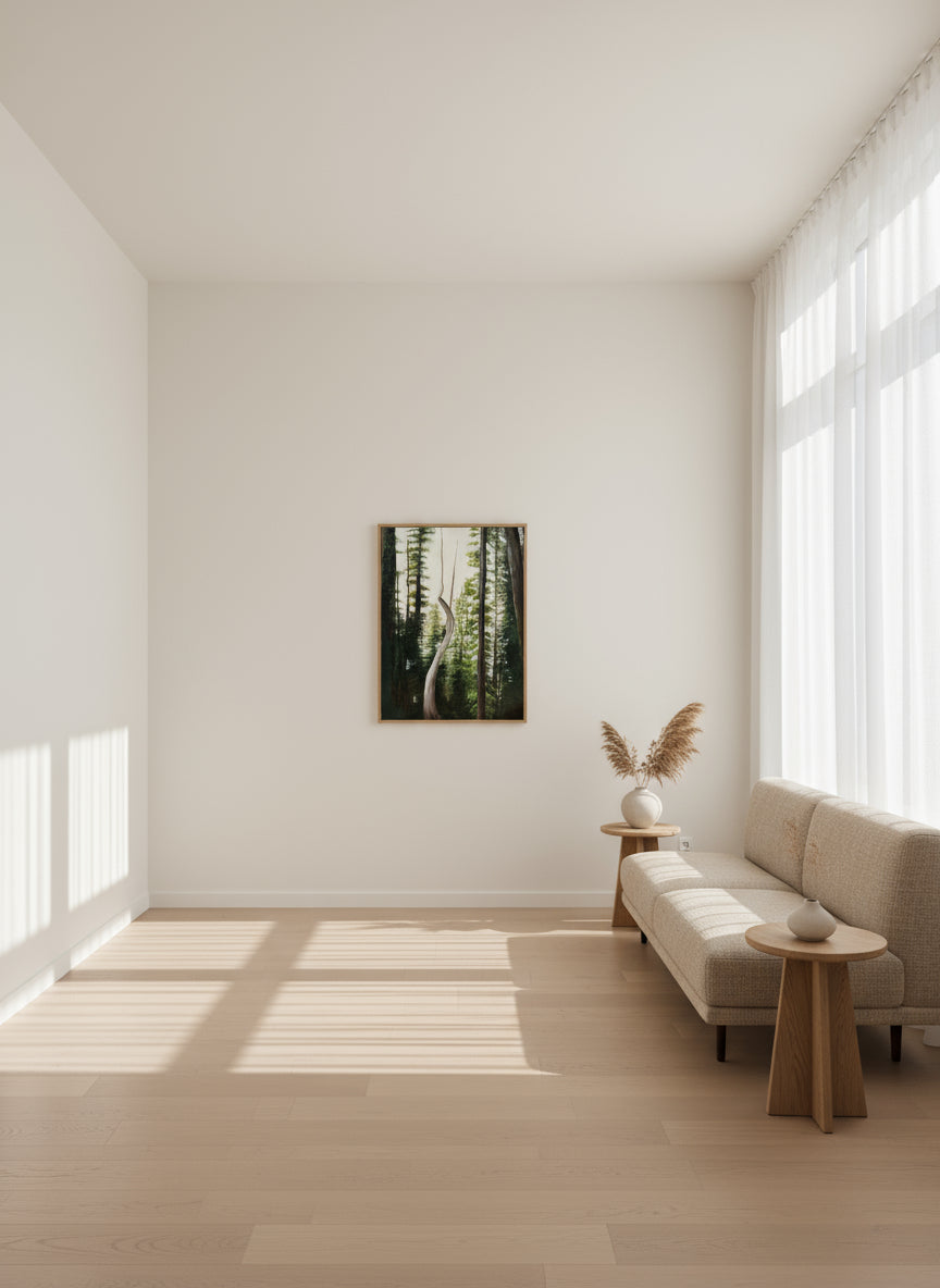 Modern living room with a large window, neutral decor, and a forest painting on the wall.
