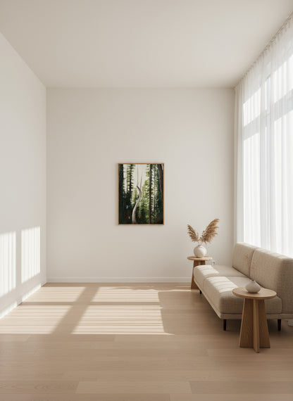 Forest scene with a curved tree trunk in the center, on a wooden surface. Canvas on White wall in background of minimal living room setting