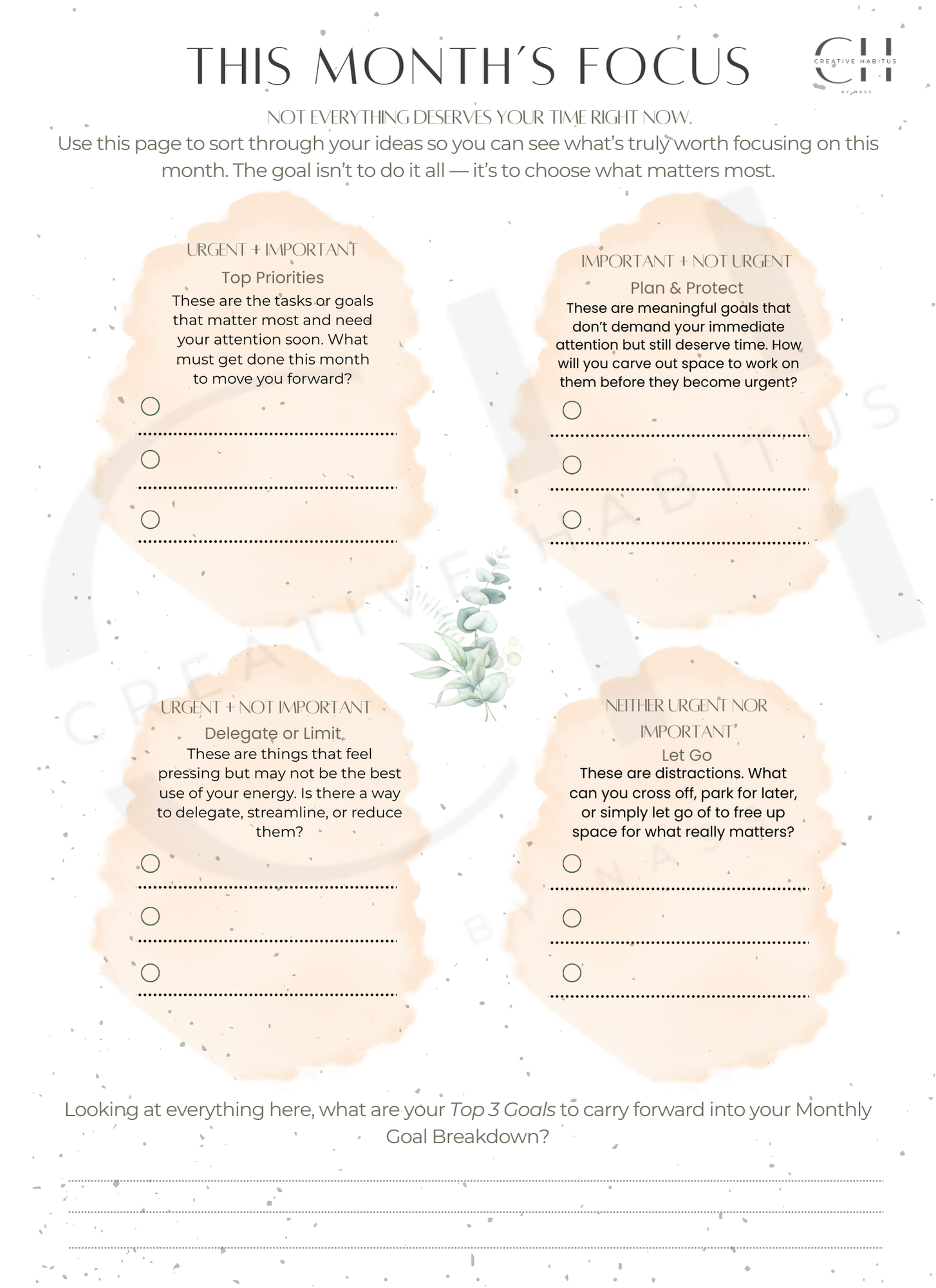 Monthly planning sheet with tasks, goals, and priorities on a light background