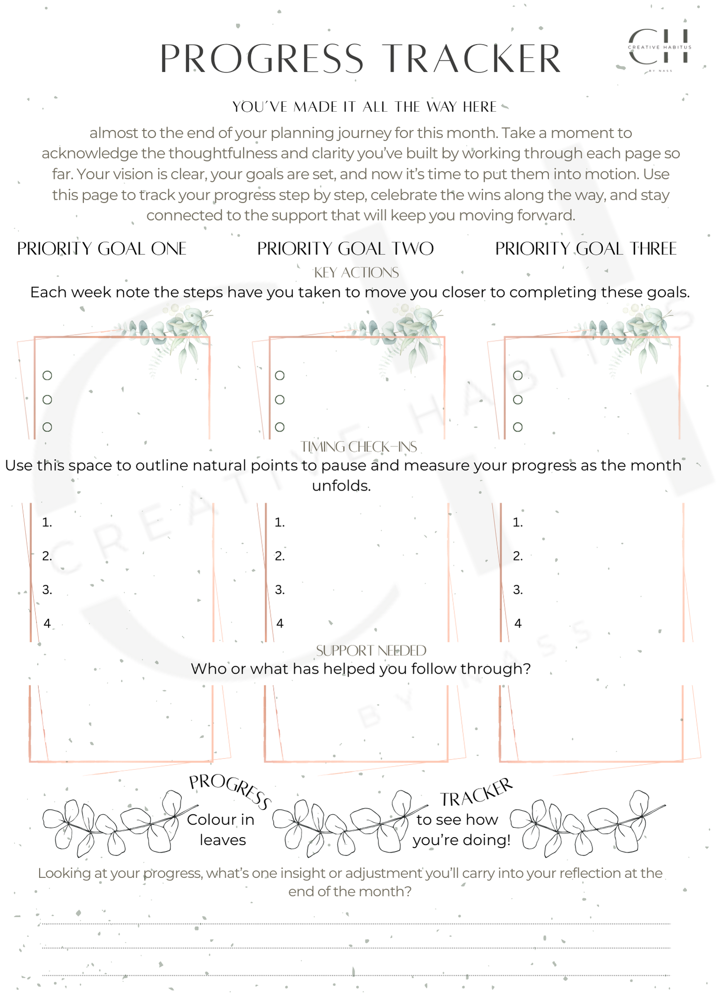 Progress tracker sheet with goal setting and action planning sections on a white background.