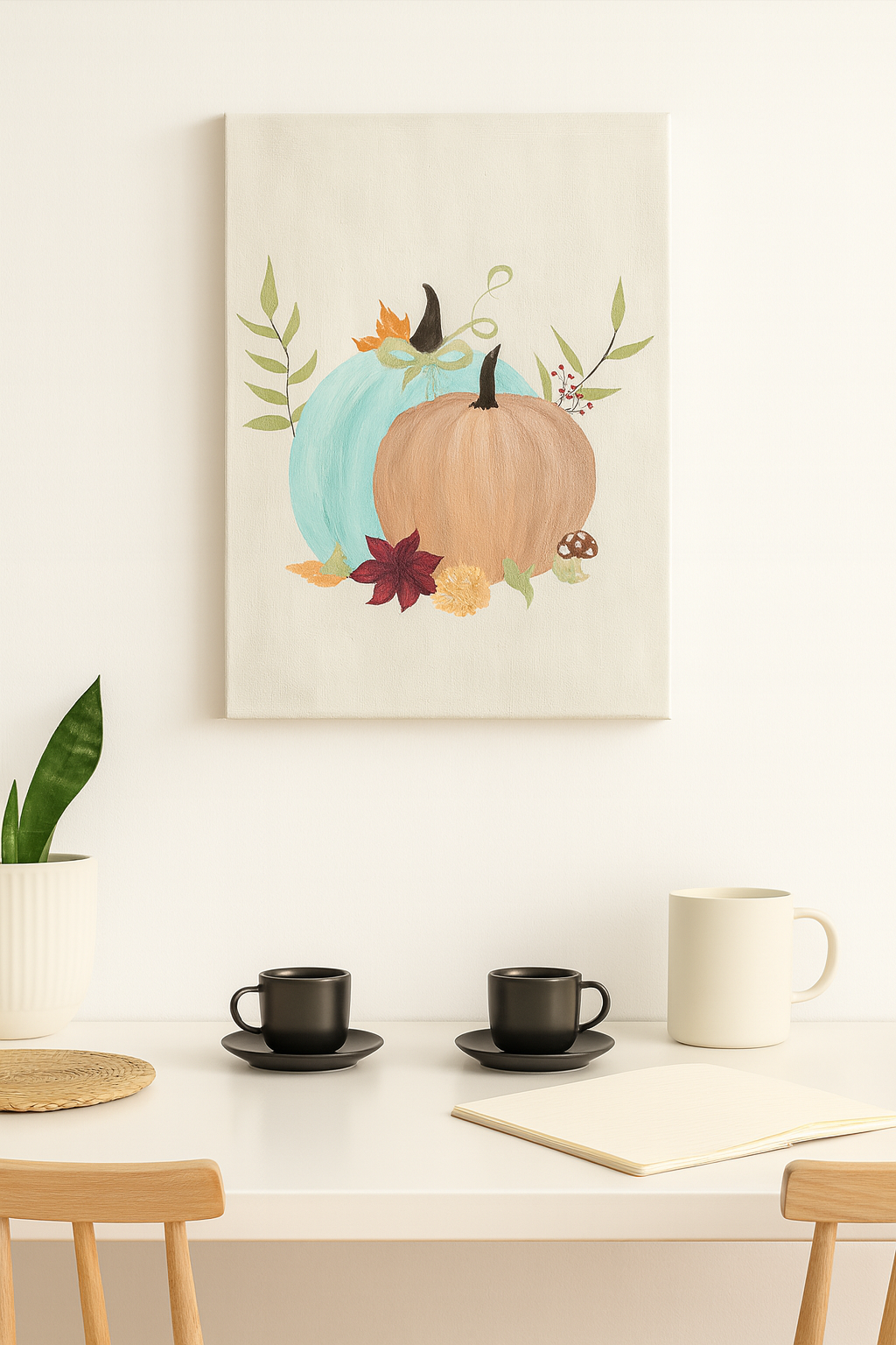 Watercolor illustration of two pumpkins in soft blue and beige tones surrounded by autumn leaves, berries, and mushrooms on a light background. Minimalist fall decor.