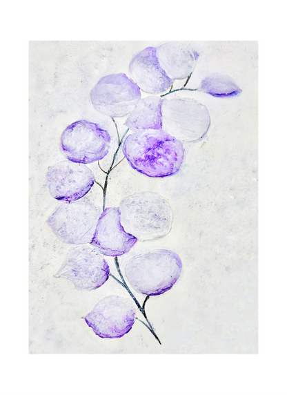 Watercolor illustration of a delicate branch with rounded purple leaves on a textured white background. Minimalist botanical fall decor