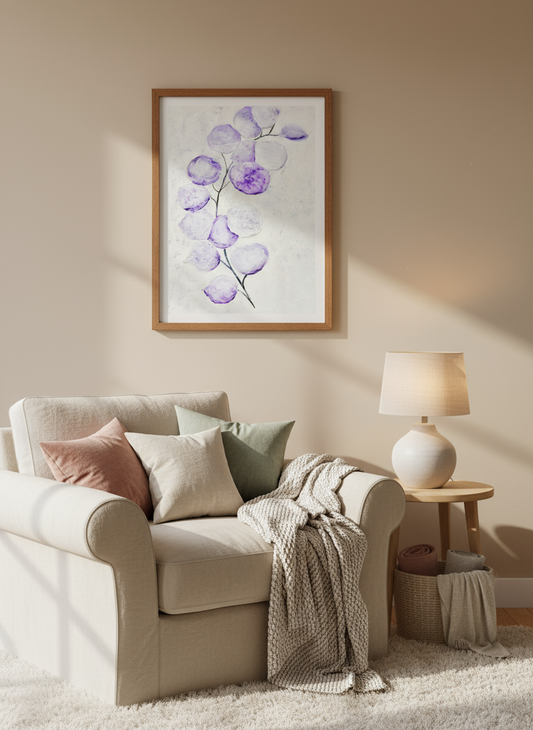 Watercolor illustration of a delicate branch with rounded purple leaves on a textured white background. Minimalist botanical fall decor