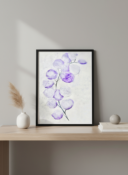 Watercolor illustration of a delicate branch with rounded purple leaves on a textured white background. Minimalist botanical fall decor. Print is frame  on a light oak console table with boho decor.
