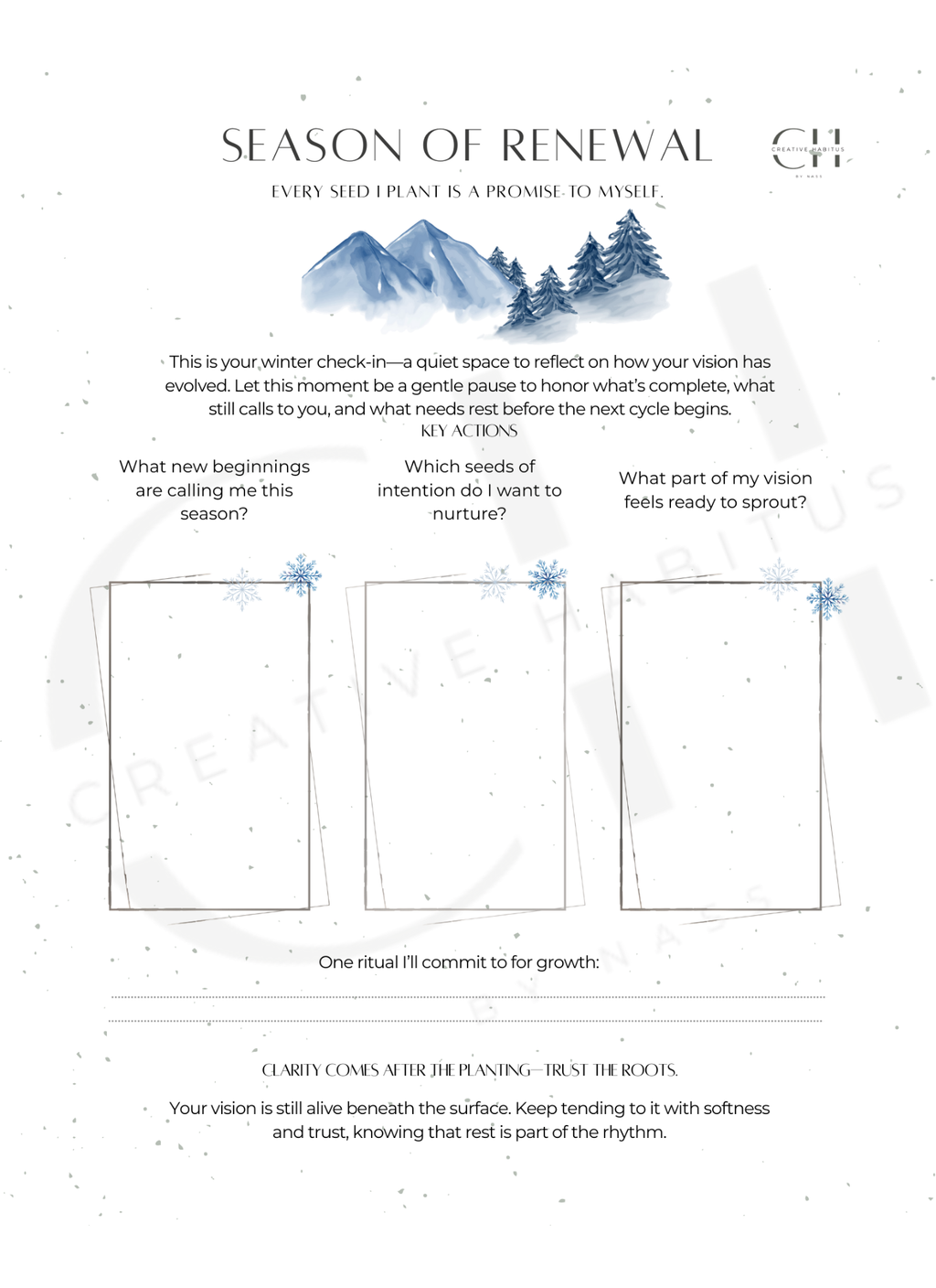 Winter-themed worksheet with mountain and tree illustration, text, and blank spaces for reflection.