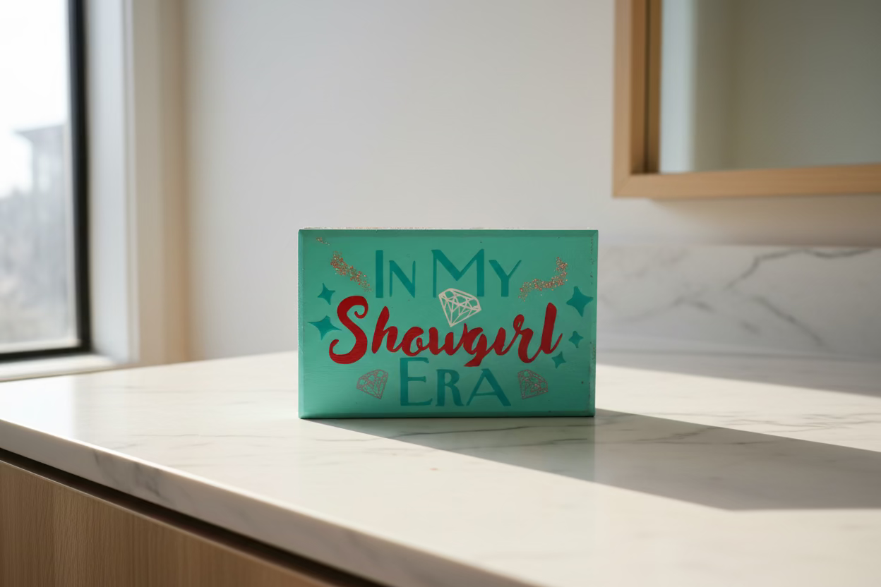 Decorative box with 'In My Showgirl Era' text on a marble vanity