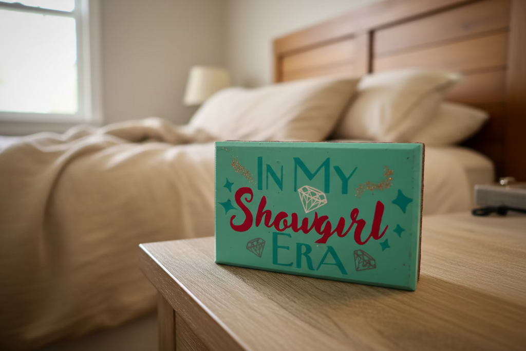 Decorative box with 'In My Showgirl Era' text on a wooden surface.