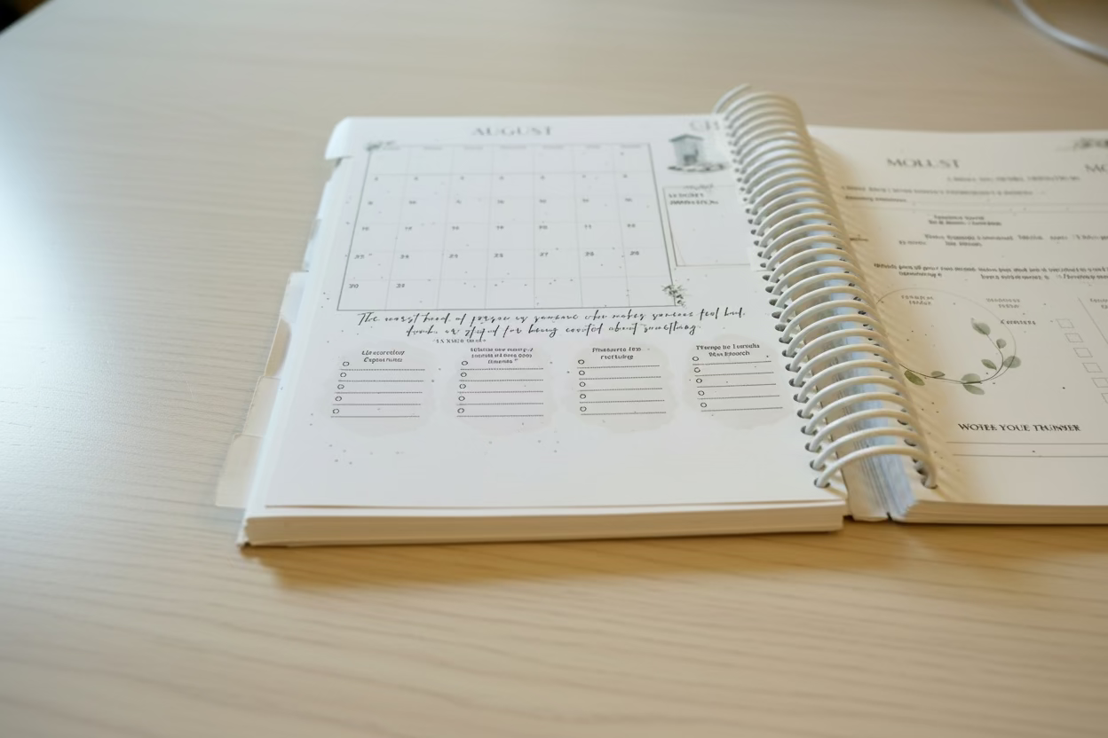Spiral-bound planner open to an August calendar on a wooden surface