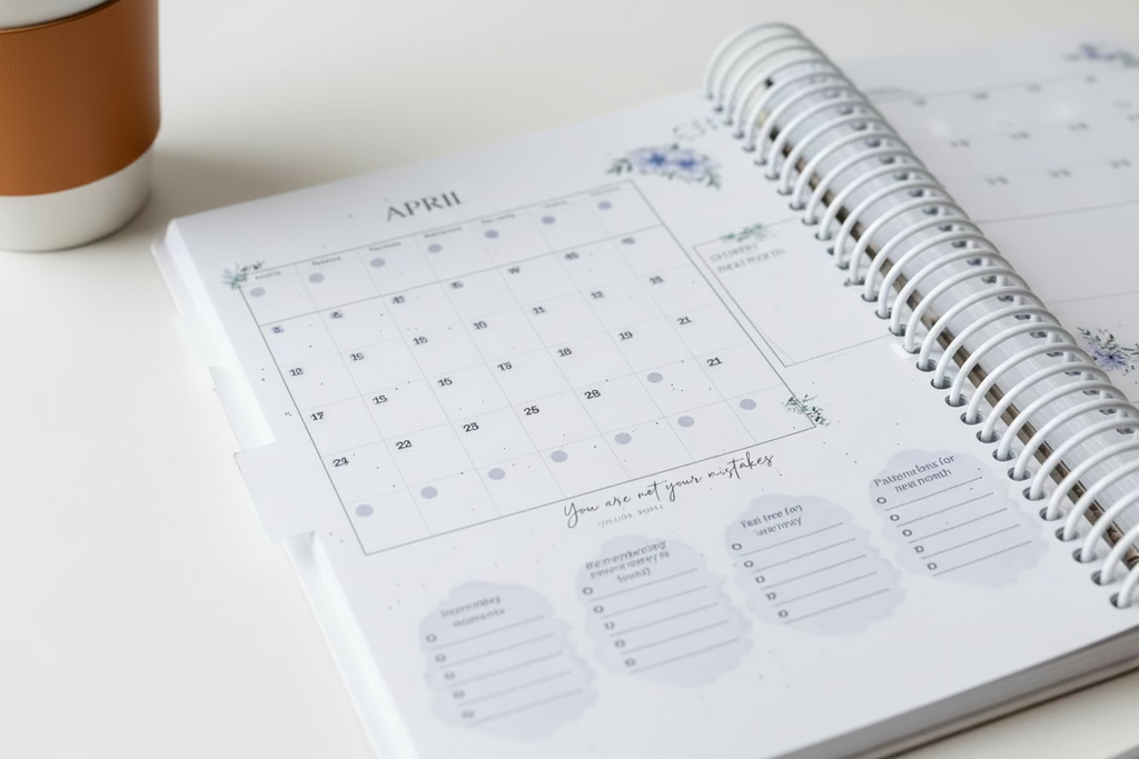 Desk with a planner, coffee cup, and flowers on a soft focus background
